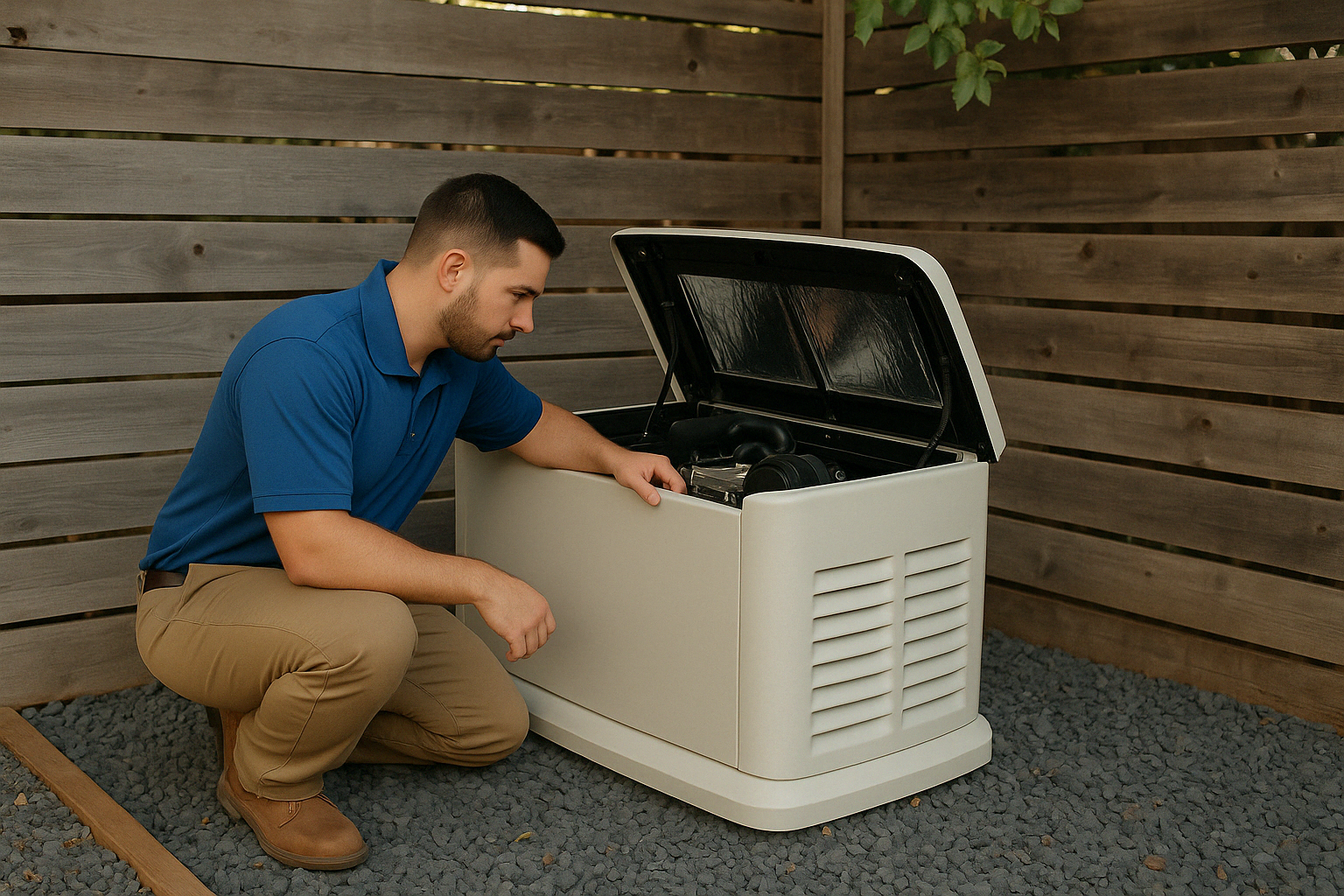 Hvac Tech Inspecting Whole Home Generator Outside Home